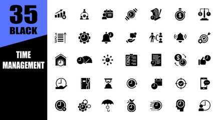 Time management black icons. Timer, alarm, schedule sign.
