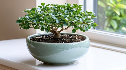 Fototapeta premium Small bonsai tree in blue ceramic pot