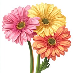 Vibrant bouquet of three gerbera daisies in pink, yellow, and orange