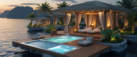 Fototapeta premium Luxurious overwater resort villa with private pools and gazebos illuminated at sunset for vacation relaxation