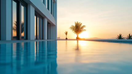 Modern villa's infinity pool mirrors a blazing sunset, serenading tranquility in Festivus relaxation and Wabi-Sabi contemplation