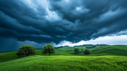 Emerald hills beneath brooding tempest evoke Celtic Lughnasadh, whispers of sky's electric promise before the storm