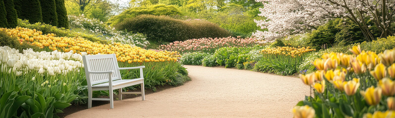 Obraz premium A garden with gravel path going through beds of yellow, pink, and red blooming tulips. A white bench waiting on the curve.