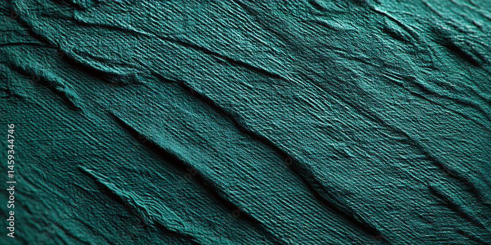 Poster close-up view of teal textured surface, showing deep grooves and ridges, suggesting a rough, natural