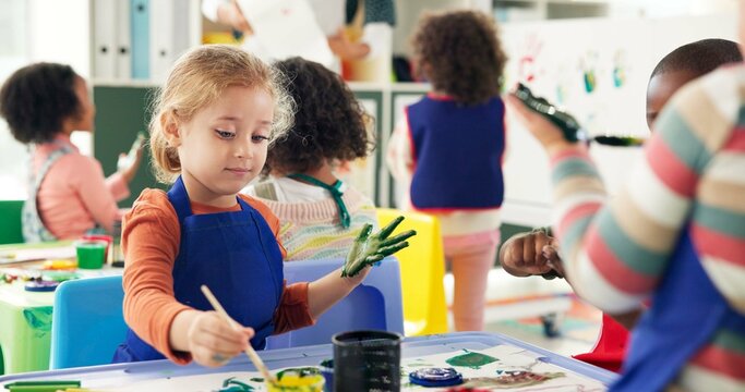 Education, girl and students in classroom, painting and creative lesson with artwork project, learning and activity. Children, kids and development with mobility, growth and stationery in school