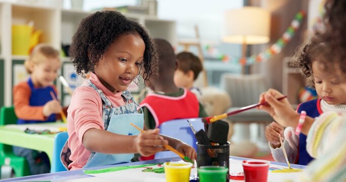 Education, kids and girls in painting class for art, creative talent and motor skill development in preschool. Learning, students drawing and children with color for artwork and sketch with brush