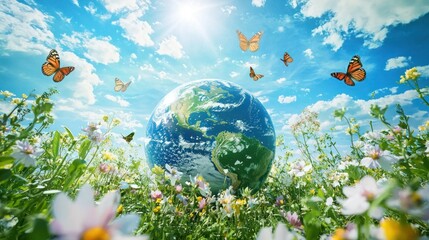 Naklejka premium A globe surrounded by blooming plants, butterflies, and clean blue skies, symbolic of Earth care