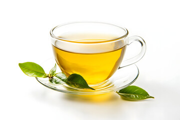 a close-up of a freshly brewed cup of green tea with a light green color on a white isolated background, calming and refreshing design