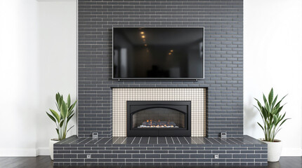 sleek black brick fireplace with built-in television in a modern living room