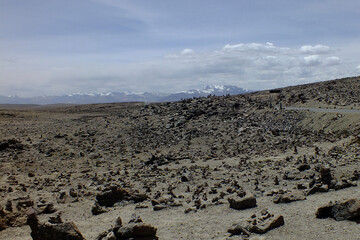 View of the Valley of the Volcanoes, where you can see Chachani, Misti, and Pichu Pichu, in the city of Arequipa, Peru.