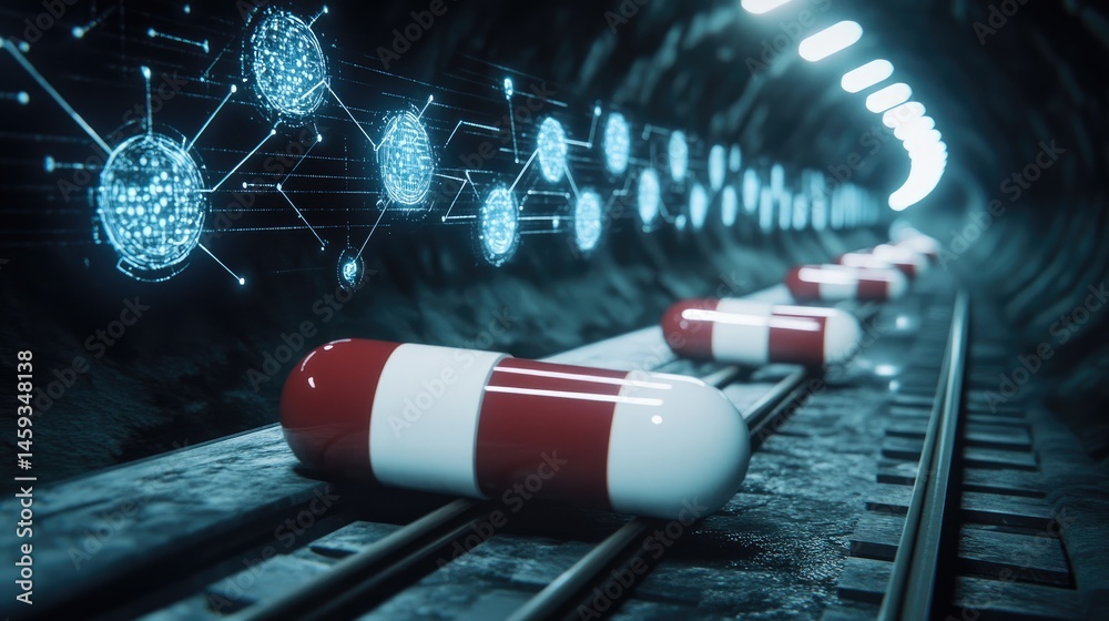 Poster high-resolution render of digital capsules inside a scanning tunnel with neural network overlays
