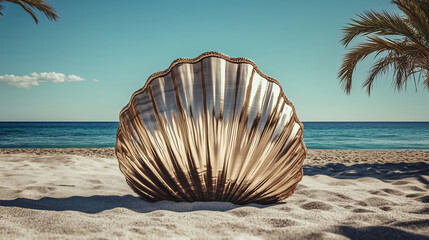 Large metallic seashell standing on sandy beach with ocean and palm trees in background