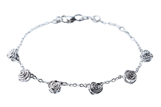Delicate Silver Rose Charm Bracelet on White Background