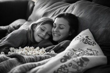 family movie night mom and kids cuddling on couch