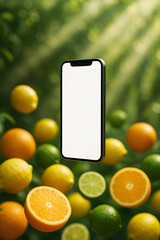 Teléfono móvil con pantalla en blanco flotando entre cítricos sobre un fondo verde borroso. Ideal para proyectos sobre tecnología, alimentación saludable y diseño creativo