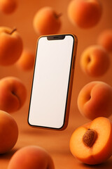 Teléfono móvil con pantalla en blanco flotando entre duraznos o melocotones sobre un fondo naranja. Ideal para proyectos sobre tecnología, alimentación y diseño creativo.