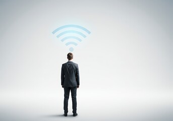 Man looking at wifi symbol illustration. Internet connection concept. Digital signal and wireless network technology. Mobile communication and modern lifestyle theme.