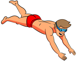 Cartoon man in swimming trunks diving, social media phrase "lets dive in" concept, Summer graphic element