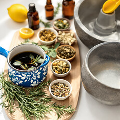 aromatic herbs and essential oils on wooden board