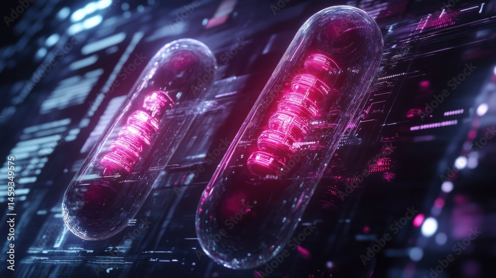 Poster intelligent capsules linked to biometric sensors, visualized through data clouds and health tech ove