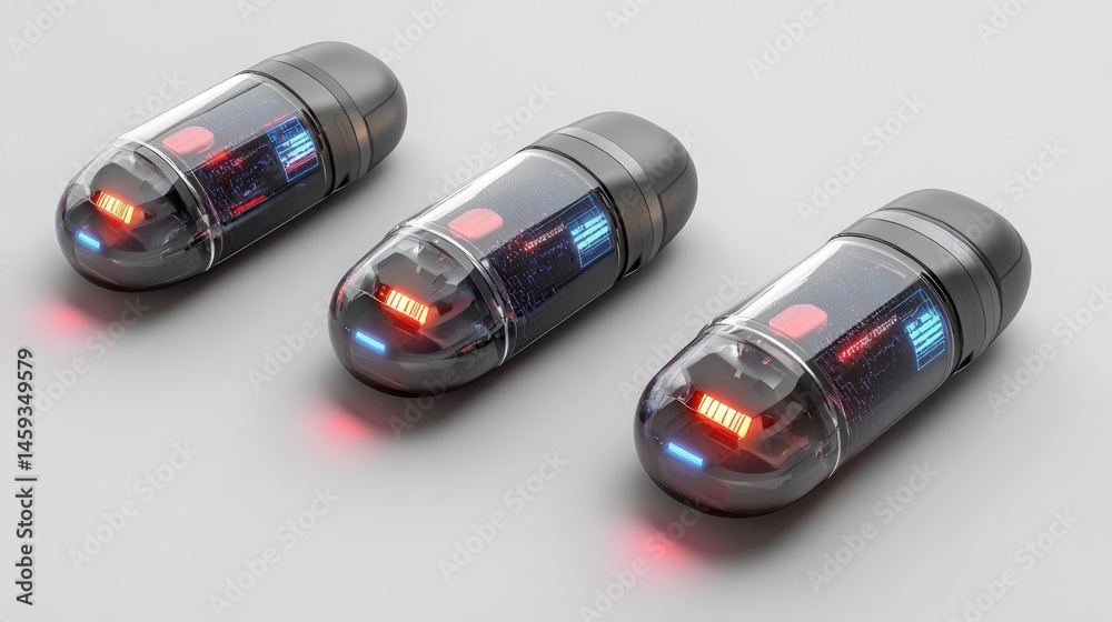 Poster intelligent capsules linked to biometric sensors, visualized through data clouds and health tech ove