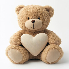 Obraz premium Brown teddy bear holding beige heart pillow on white background