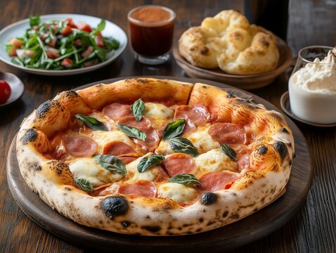 Authentic Neapolitan Pepperoni Pizza with Fresh Basil and Side Dishes