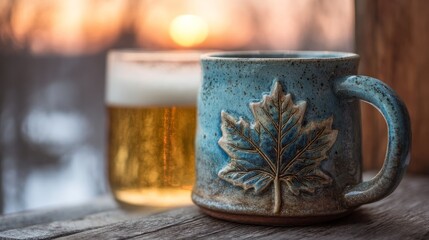 Maple leaf mug with frothy beer on rustic table, celebrating Canada Day with warmth and cheer
