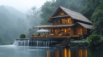 Fototapeta premium Serene wooden house nestled by a tranquil waterfall.