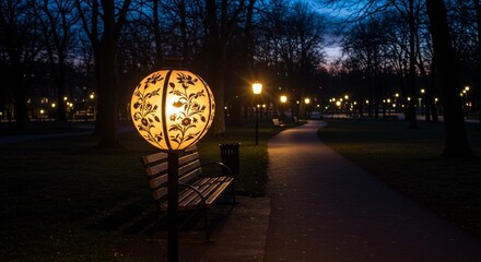 night in the park, night city street, street lamp in the evening, lantern with a bench in the park