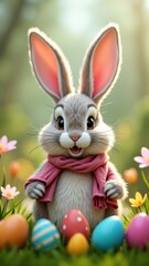 Obraz premium Adorable grey bunny with pink scarf