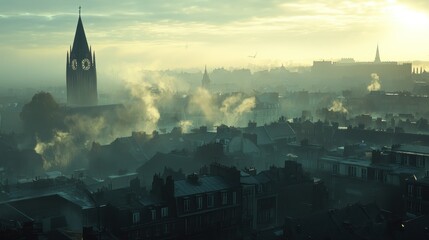 Misty city skyline at dawn.  Dense fog envelops historic buildings, creating a dreamlike atmosphere.  Sunrise illuminates the tops of structures, showcasing intricate details of the urban landscape