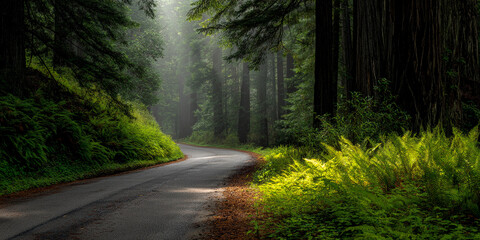 Obraz premium Asphalt road curves through redwood forest, sunlight filtering through canopy, illuminating ferns along roadside, evoking serenity and natural beauty