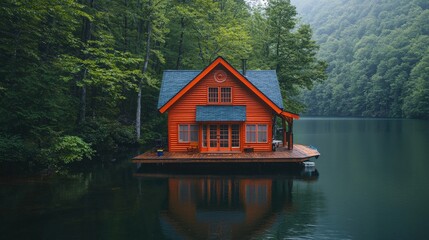 Fototapeta premium Rustic cabin house on a tranquil lake surrounded by trees.