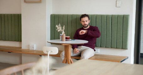 Thinking, waiting and time with man in cafe for customer service, lunch order and date....