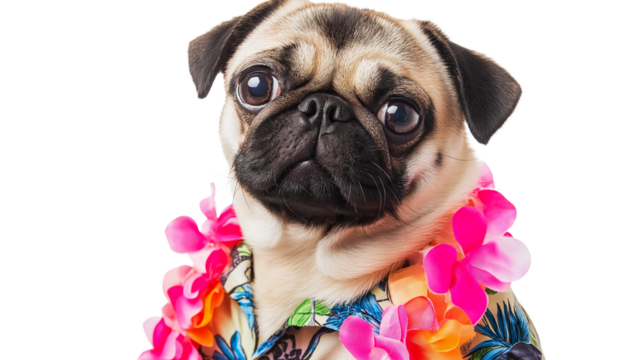 Pug wearing Hawaiian shirt and flower lei, cheerful expression, PNG format