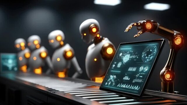 Robots and Advanced Technology in a Modern Industrial Setting with Interactive Display Screens