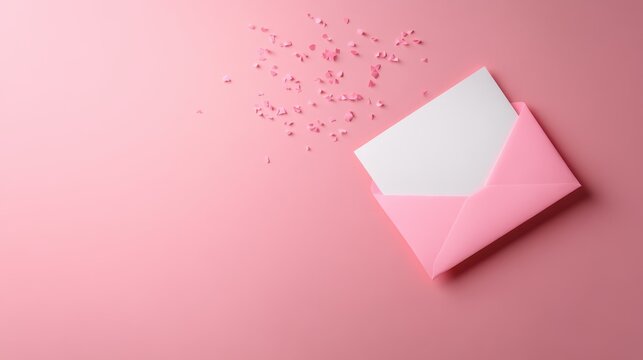 A charming pink envelope partially filled with confetti, set against a soft pink background, adding a touch of romance and celebration to any correspondence or greeting.