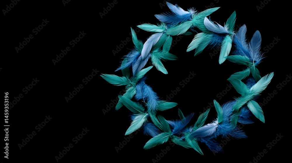 Aufkleber Close-up view of a striking circular pattern created with radiant blue and green feathers on a solid black backdrop. The design offers ample copy space on one side