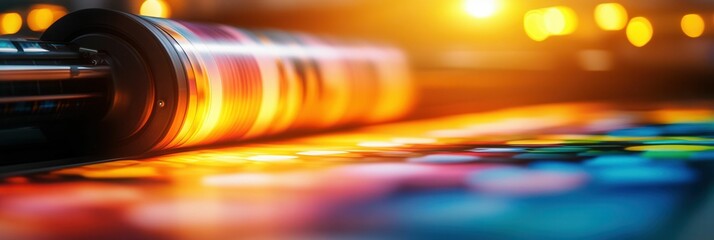 Vibrant Printing Process with Colorful Ink Rollers and Bright Bokeh Effects