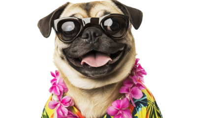 Pug wearing Hawaiian shirt and flower lei, cheerful expression, PNG format