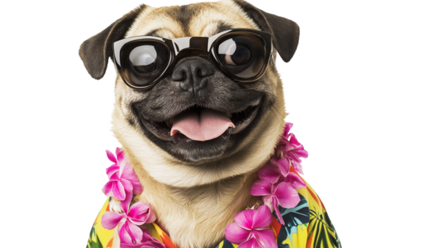Pug wearing Hawaiian shirt and flower lei, cheerful expression, PNG format