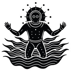 Scuba diving vector silhouette illustration Diver emerging from ocean
