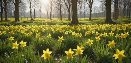 Lush green field explodes with sunny yellow daffodils, a vibrant spring scene , green, flowers, wildflower