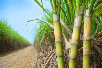 Obraz premium Sugar cane stalks with sugar cane plantation background