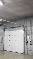 contemporary white sectional garage door in modern concrete setting