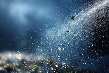 Obraz premium Soft Rain Falling Diagonally Across Clear Blue Sky with Gentle Bokeh Effect on Ground