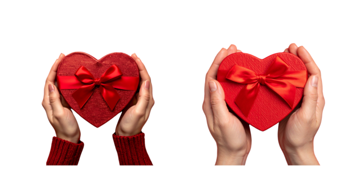  Hands holding a heart-shaped gift box on a red background PNG