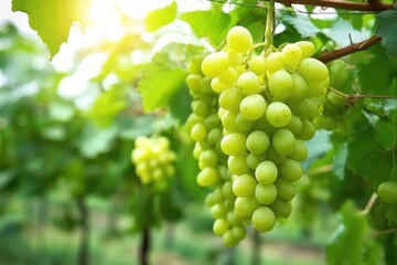 Close-up green grape cluster on vine in the vineyard