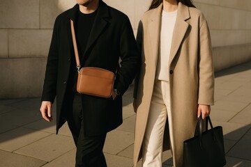 Stylish urban fashion duo walking.